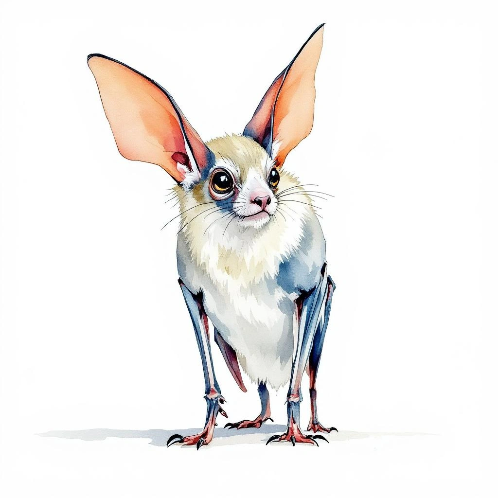 Watercolor illustration of Alpine Long-eared Bat (Plecotus macrobullaris)
