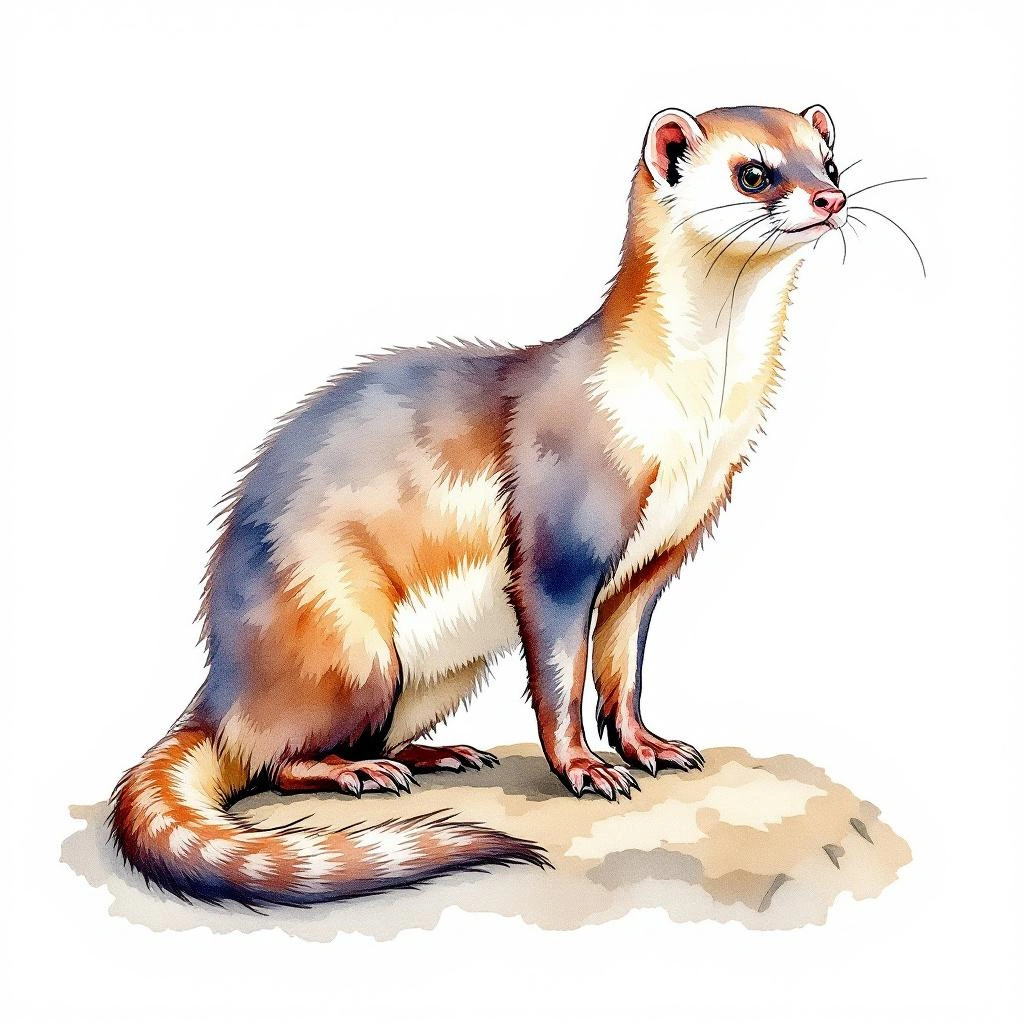 Watercolor illustration of Amazon weasel (Mustela africana)