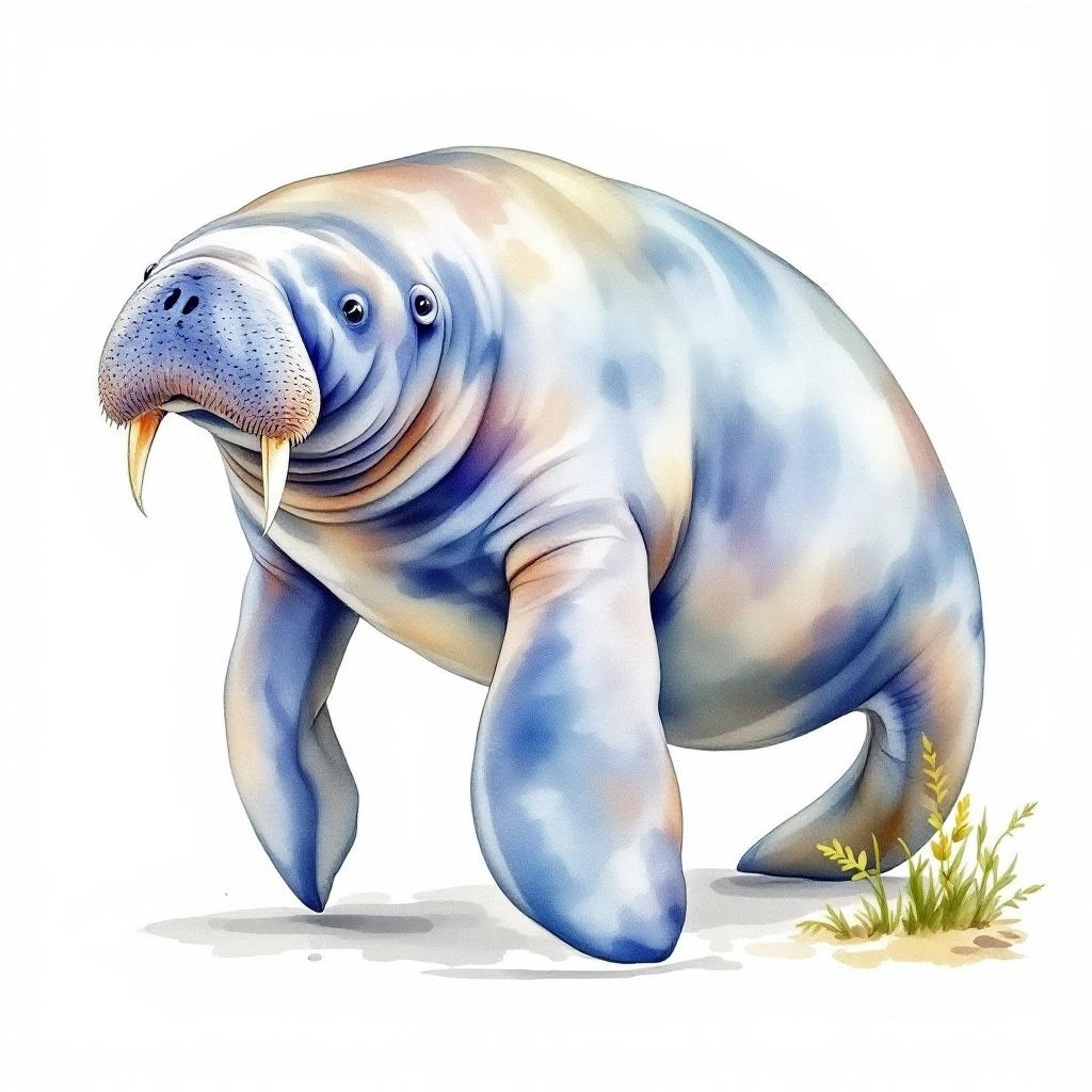 Watercolor illustration of Amazonian manatee (Trichechus inunguis)