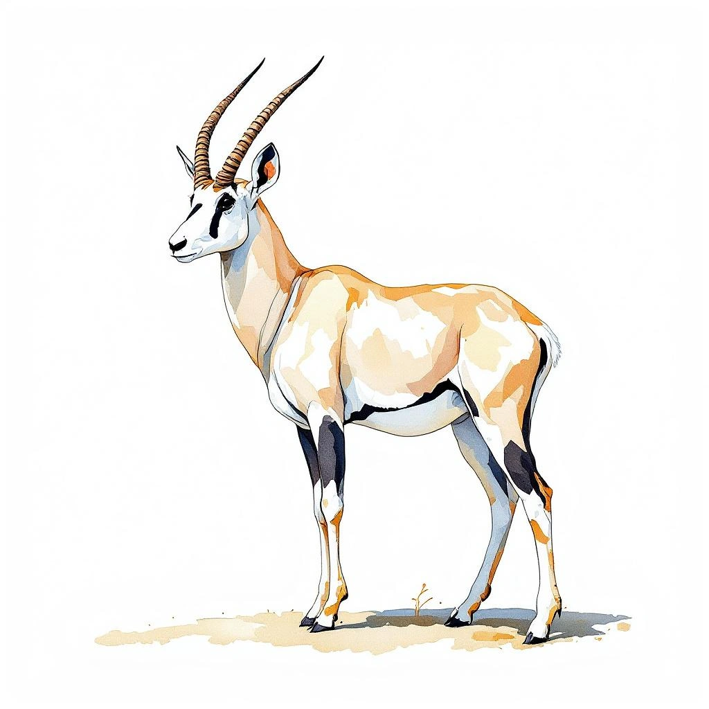 Watercolor illustration of Arabian oryx (Oryx leucoryx)