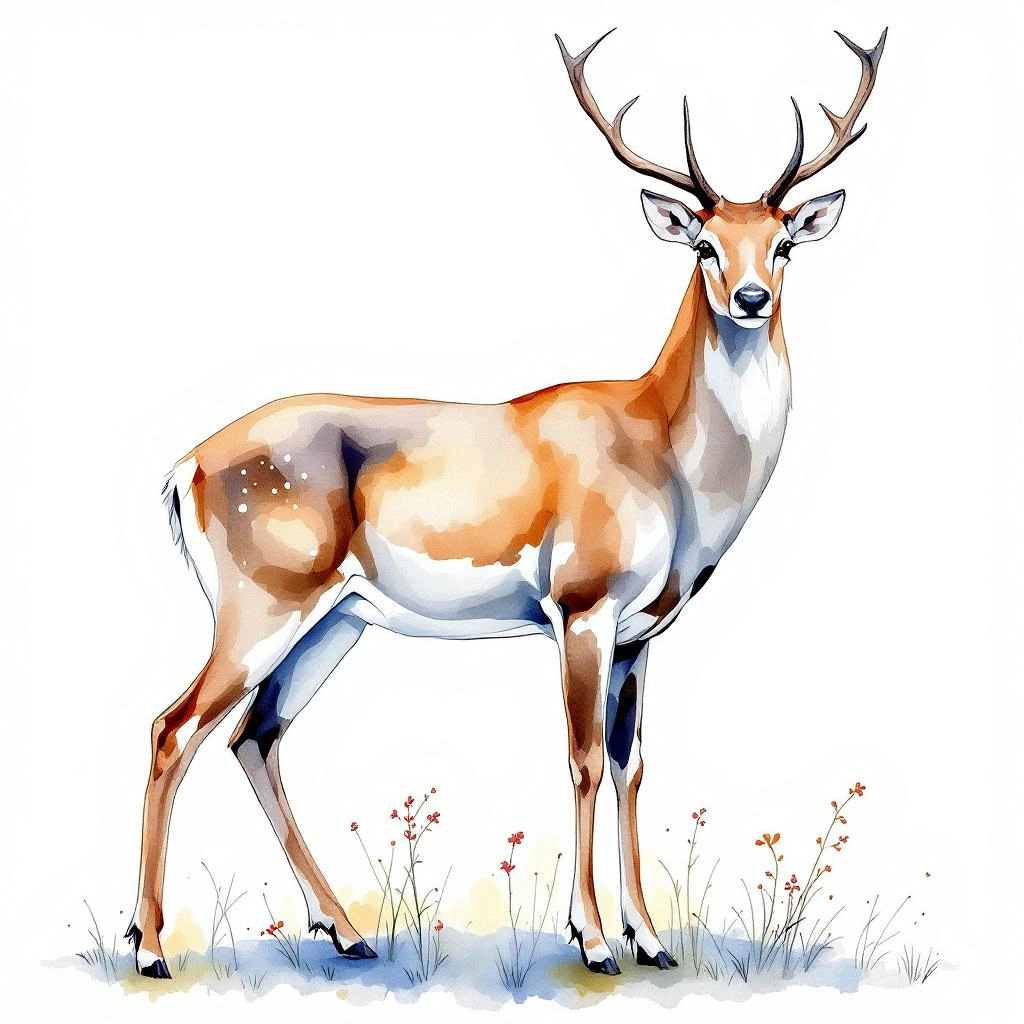 Watercolor illustration of Bactrian Deer (Cervus hanglu)