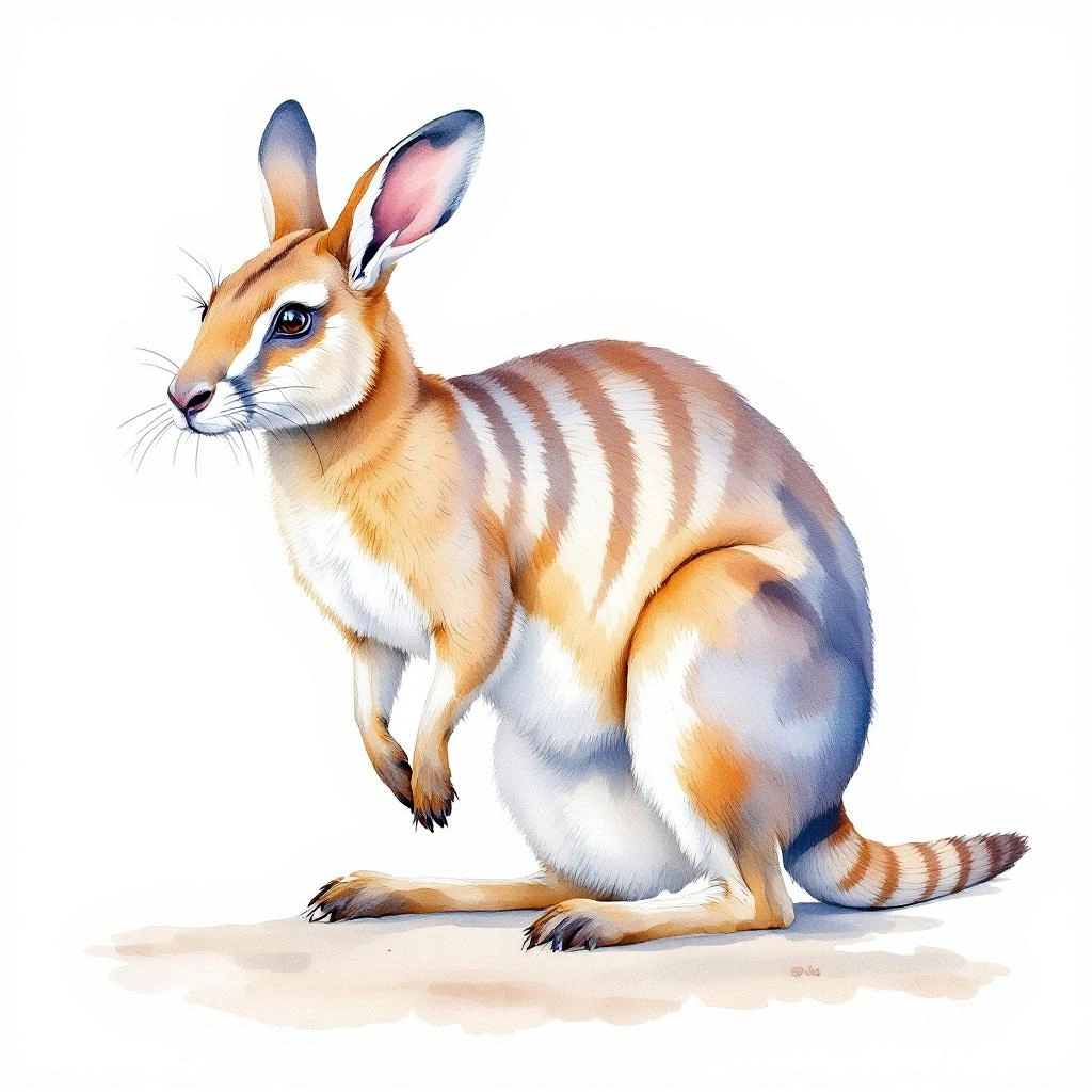 Watercolor illustration of Banded hare-wallaby (Lagostrophus fasciatus)
