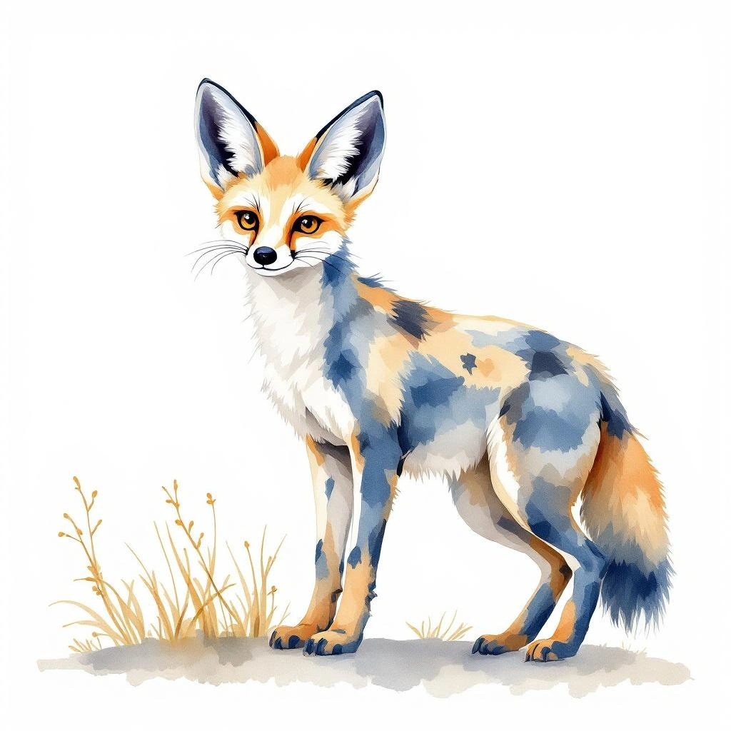 Watercolor illustration of Bat-eared fox (Otocyon megalotis)
