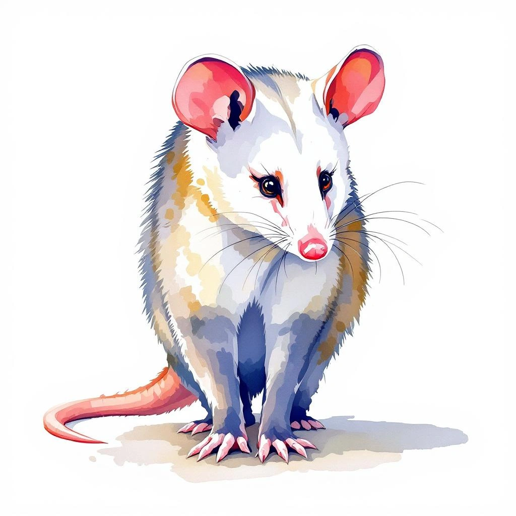 Watercolor illustration of Big-eared opossum (Didelphis aurita)