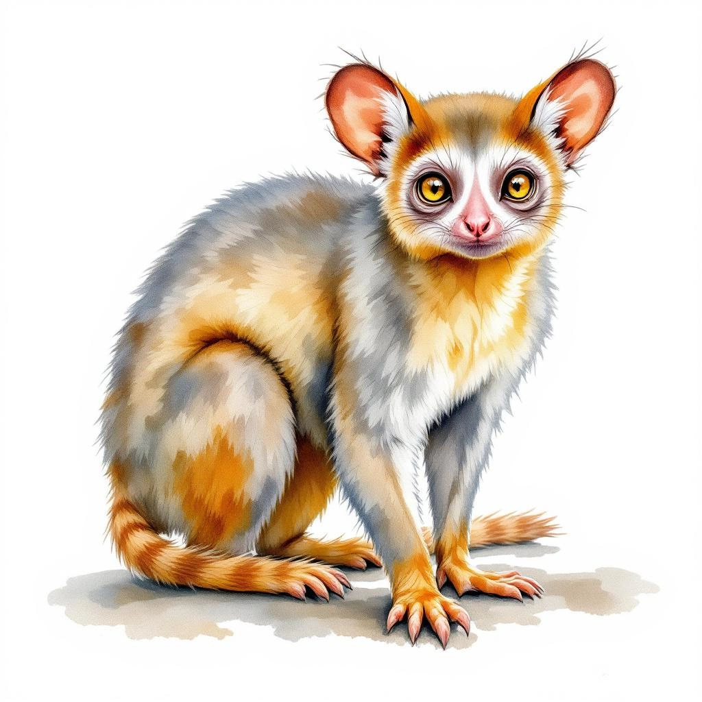 Watercolor illustration of Bioko Allen's bushbaby (Sciurocheirus alleni)