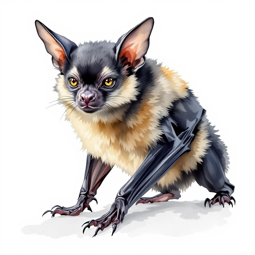 Watercolor illustration of Black-capped Fruit Bat (Chironax melanocephalus)