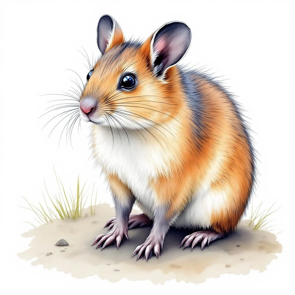Watercolor illustration of Black-eared Red-backed Vole (Eothenomys olitor)
