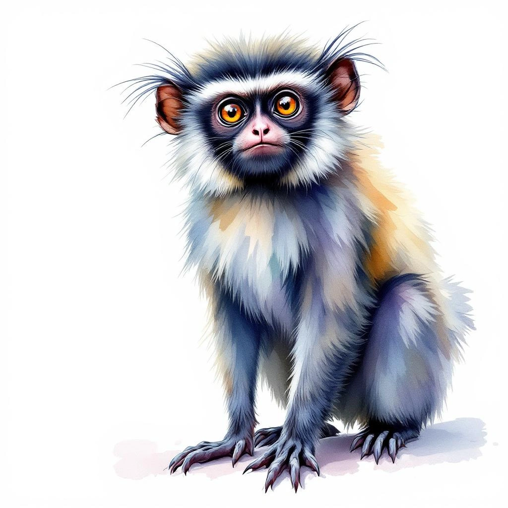 Watercolor illustration of Guigó (Callicebus nigrifrons)