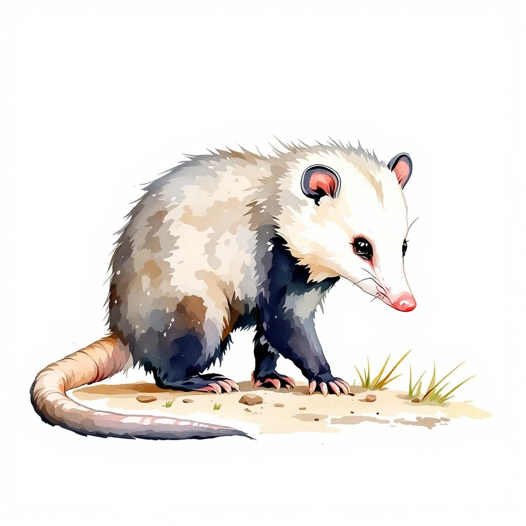 Watercolor illustration of Schwarzschulter-Wollbeutelratte (Caluromysiops irrupta)