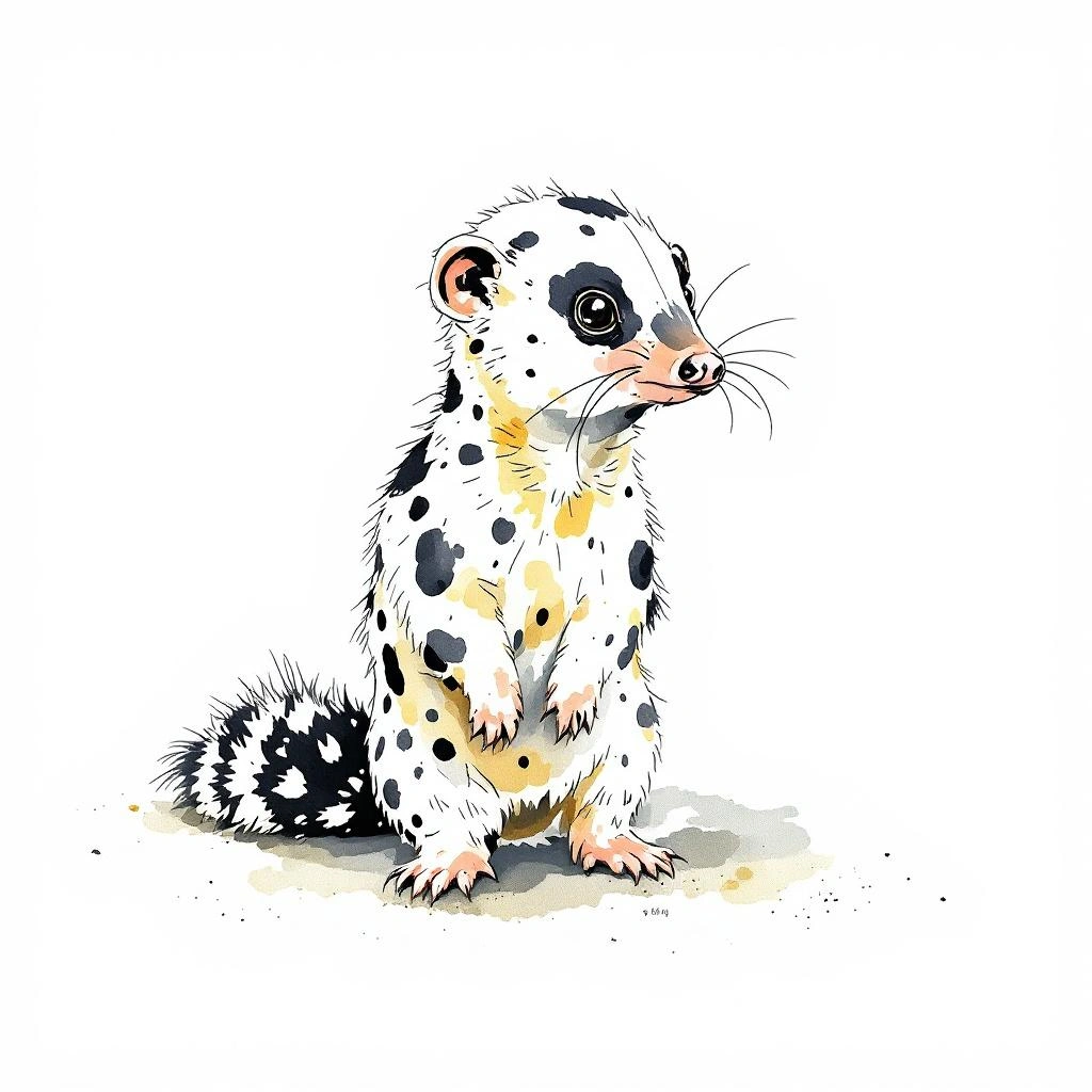 Watercolor illustration of Black-spotted Cuscus (Spilocuscus rufoniger)