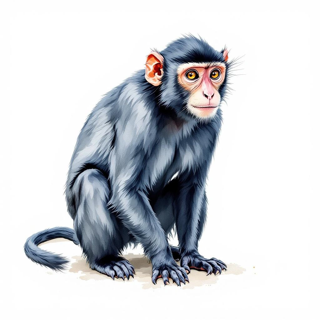 Watercolor illustration of Black Squirrel Monkey (Saimiri vanzolinii)