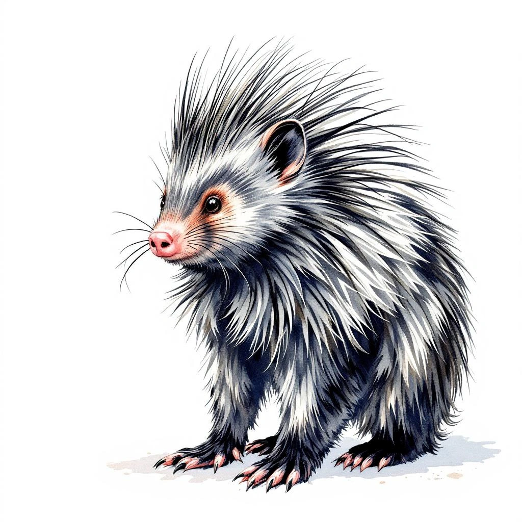 Watercolor illustration of Black-tailed Hairy Dwarf Porcupine (Sphiggurus melanurus)