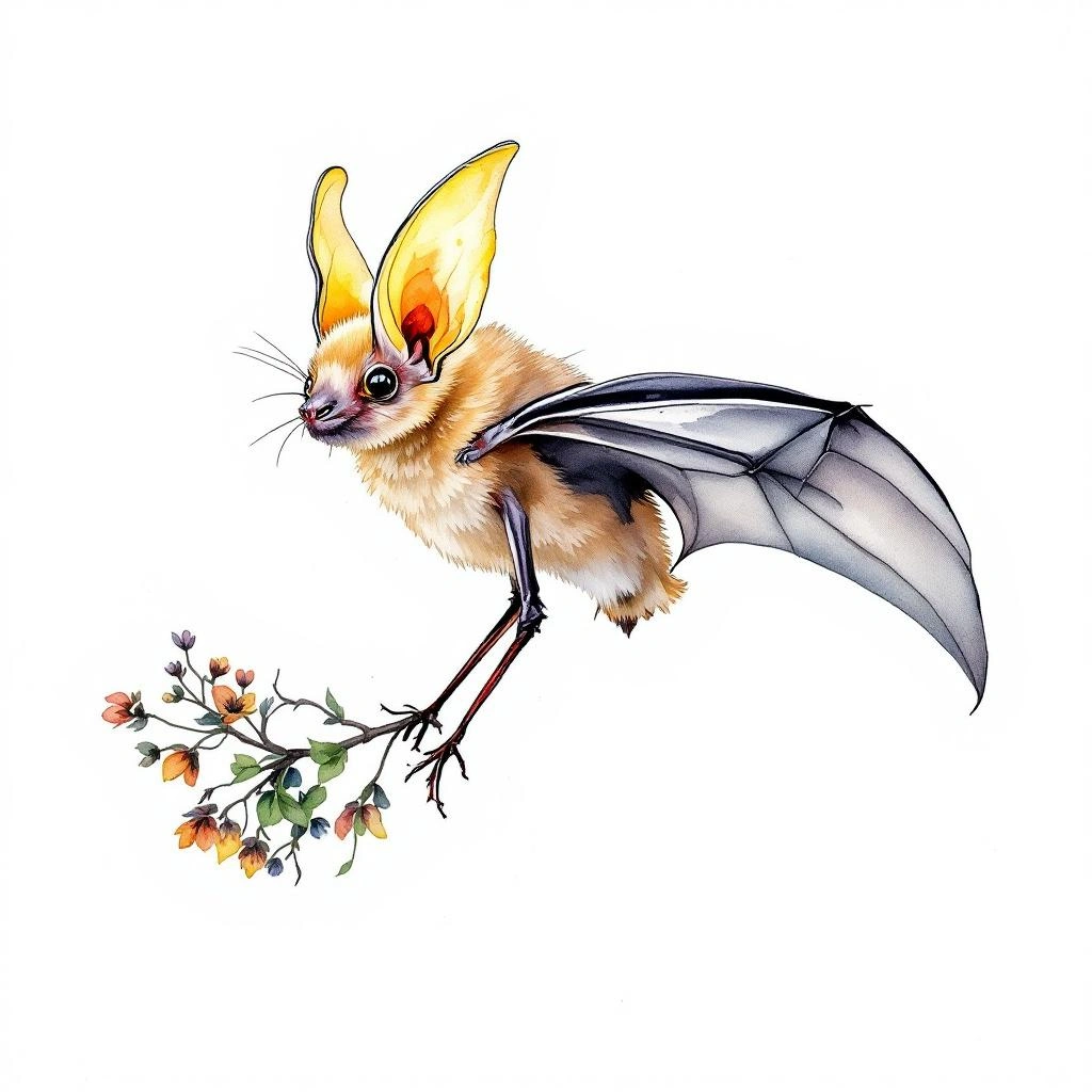 Watercolor illustration of Brock's Yellow-eared Bat (Vampyriscus brocki)