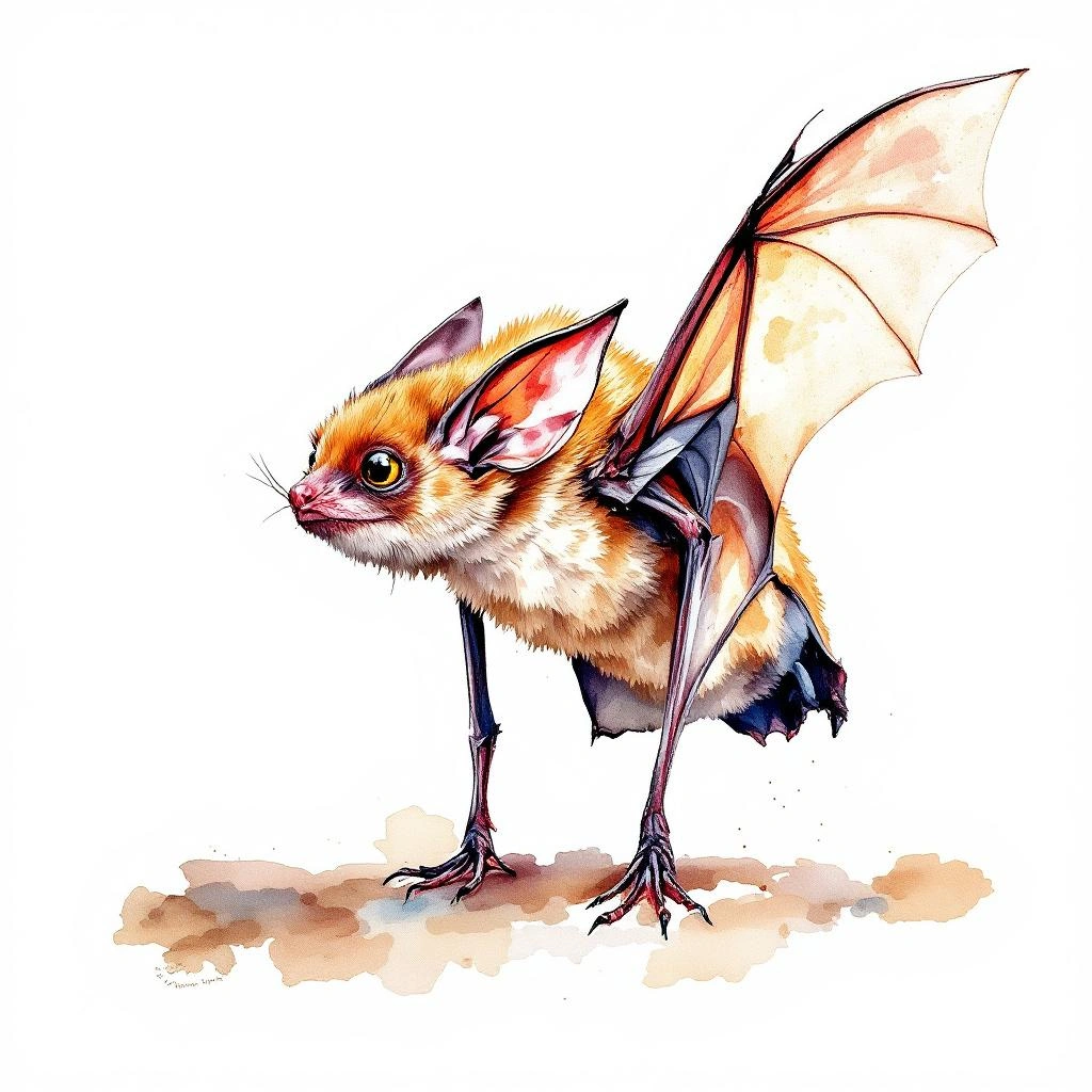 Watercolor illustration of Brown Tent-making Bat (Uroderma magnirostrum)