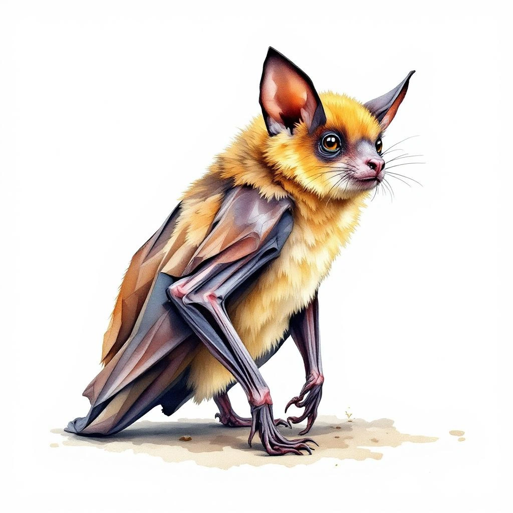 Watercolor illustration of Bulmer's Fruit Bat (Aproteles bulmerae)