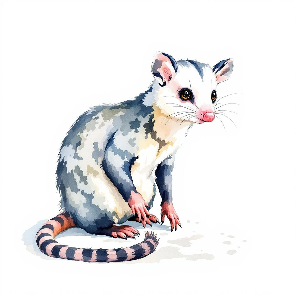 Watercolor illustration of Buschschwanz-Beutelratte (Glironia venusta)