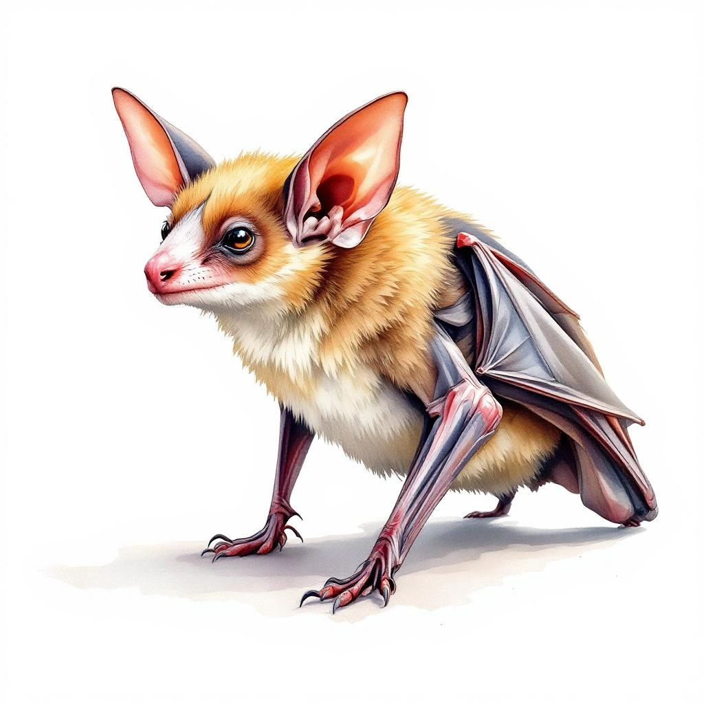 Watercolor illustration of Californian Leaf-nosed Bat (Macrotus californicus)