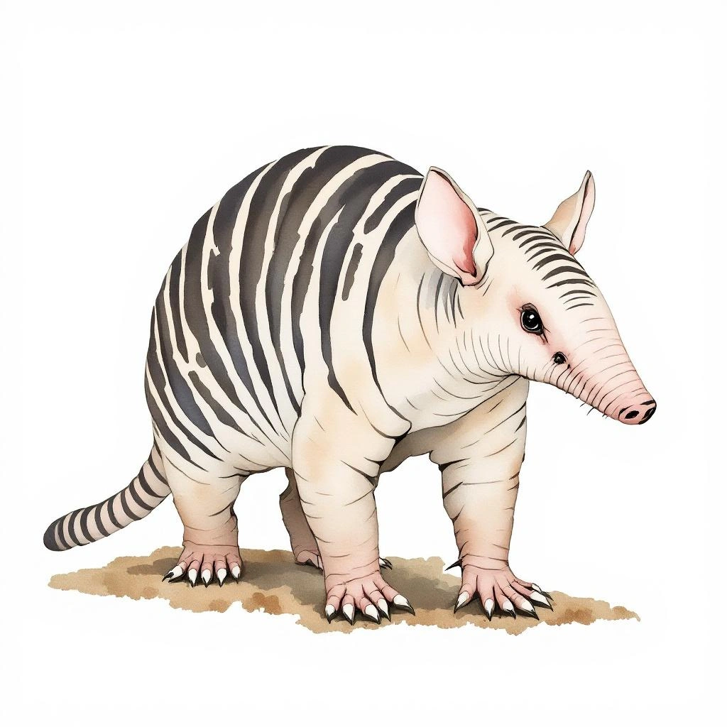 Watercolor illustration of Kleines Nacktschwanz-Gürteltier (Cabassous chacoensis)