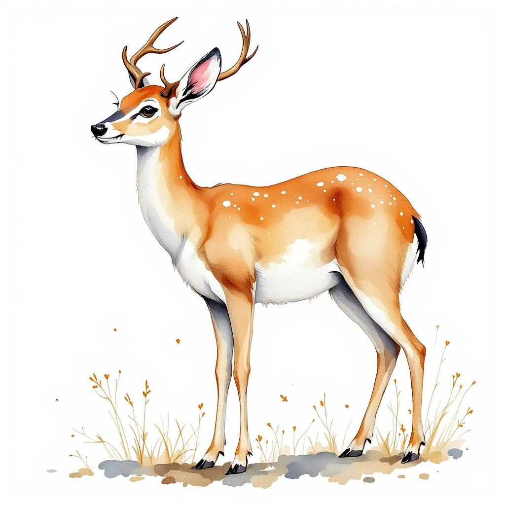 Watercolor illustration of Chinesisches Wasserreh (Hydropotes inermis)