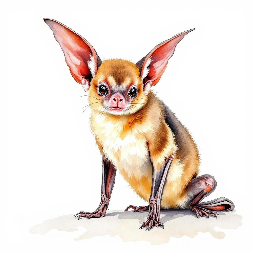 Watercolor illustration of Common Big-eared Bat (Micronycteris microtis)