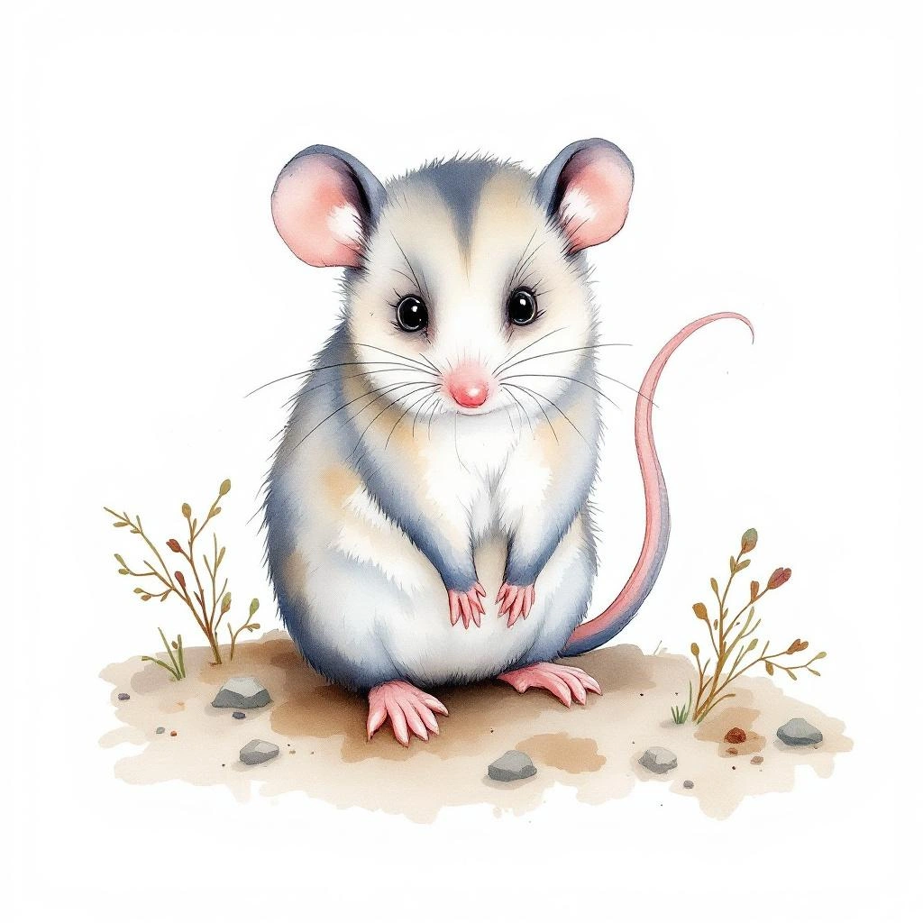 Watercolor illustration of Common Fat-tailed Mouse Opossum (Thylamys pusillus)