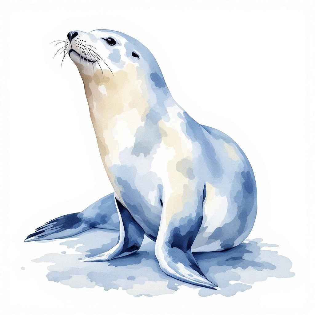 Watercolor illustration of Crabeater seal (Lobodon carcinophaga)