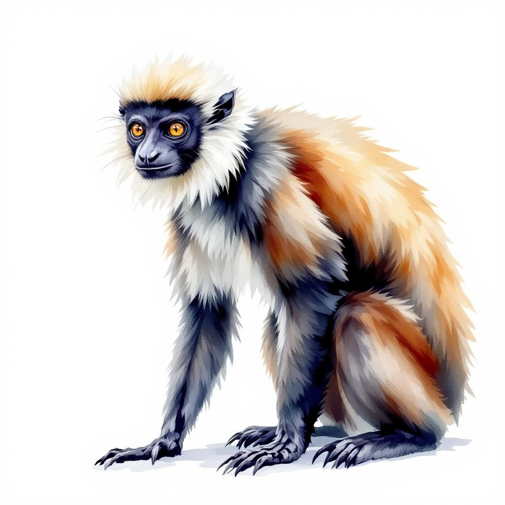 Watercolor illustration of Crowned Sifaka (Propithecus coronatus)