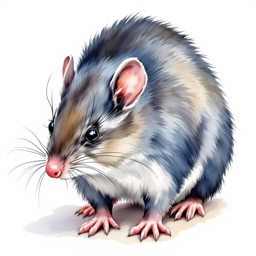 Watercolor illustration of Dark-footed Mouse Shrew (Myosorex cafer)