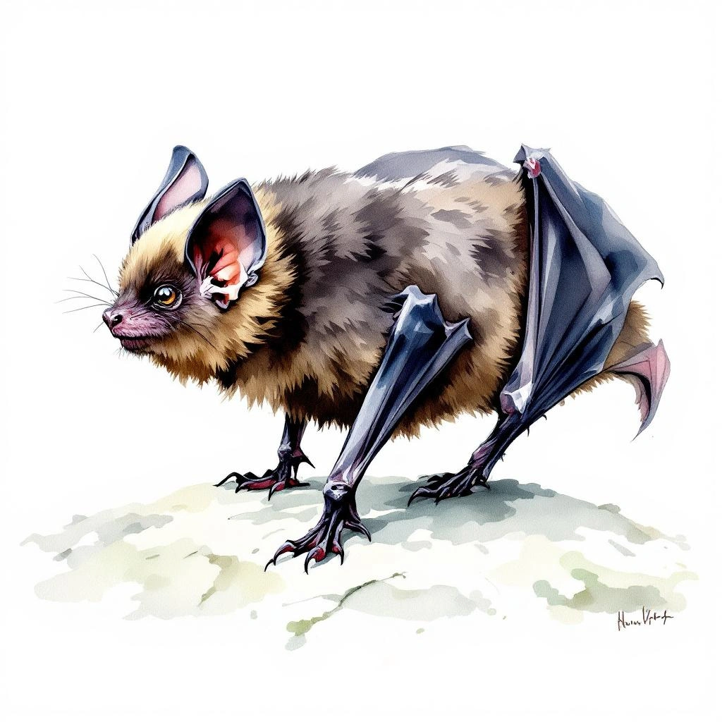 Watercolor illustration of Dark Woolly Bat (Kerivoula furva)