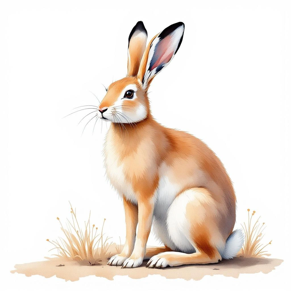 Watercolor illustration of Desert Hare. (Lepus tibetanus)