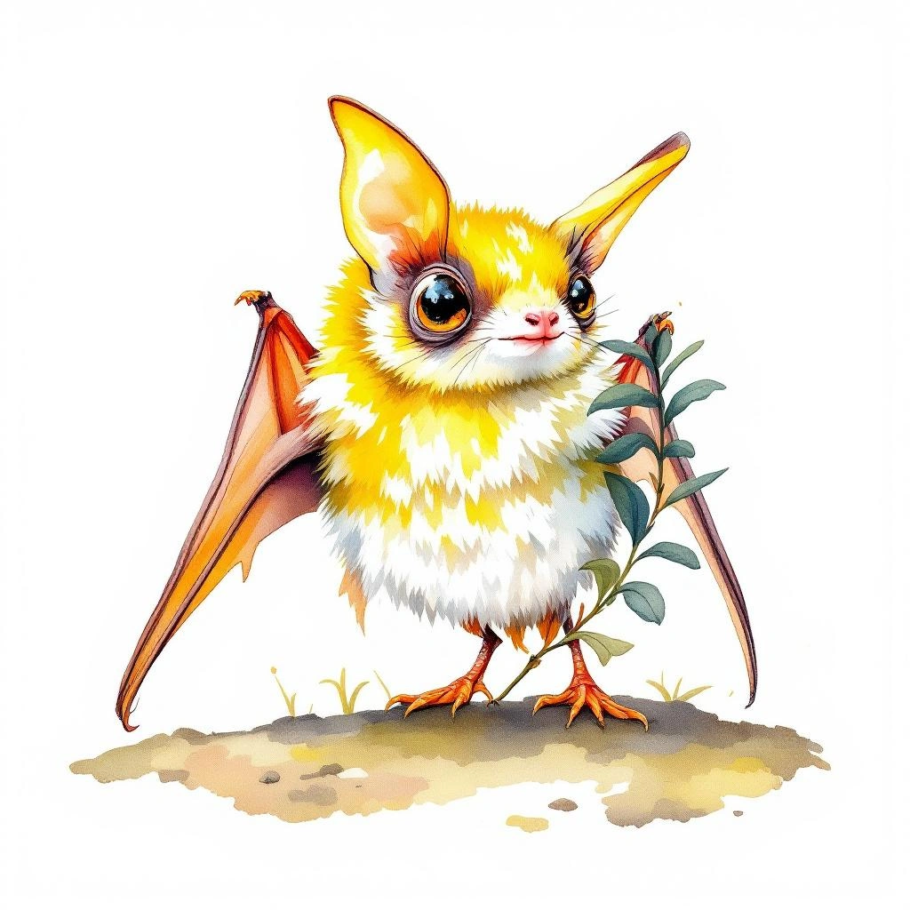 Watercolor illustration of Ecuadorian Little Yellow Bat (Rhogeessa velilla)