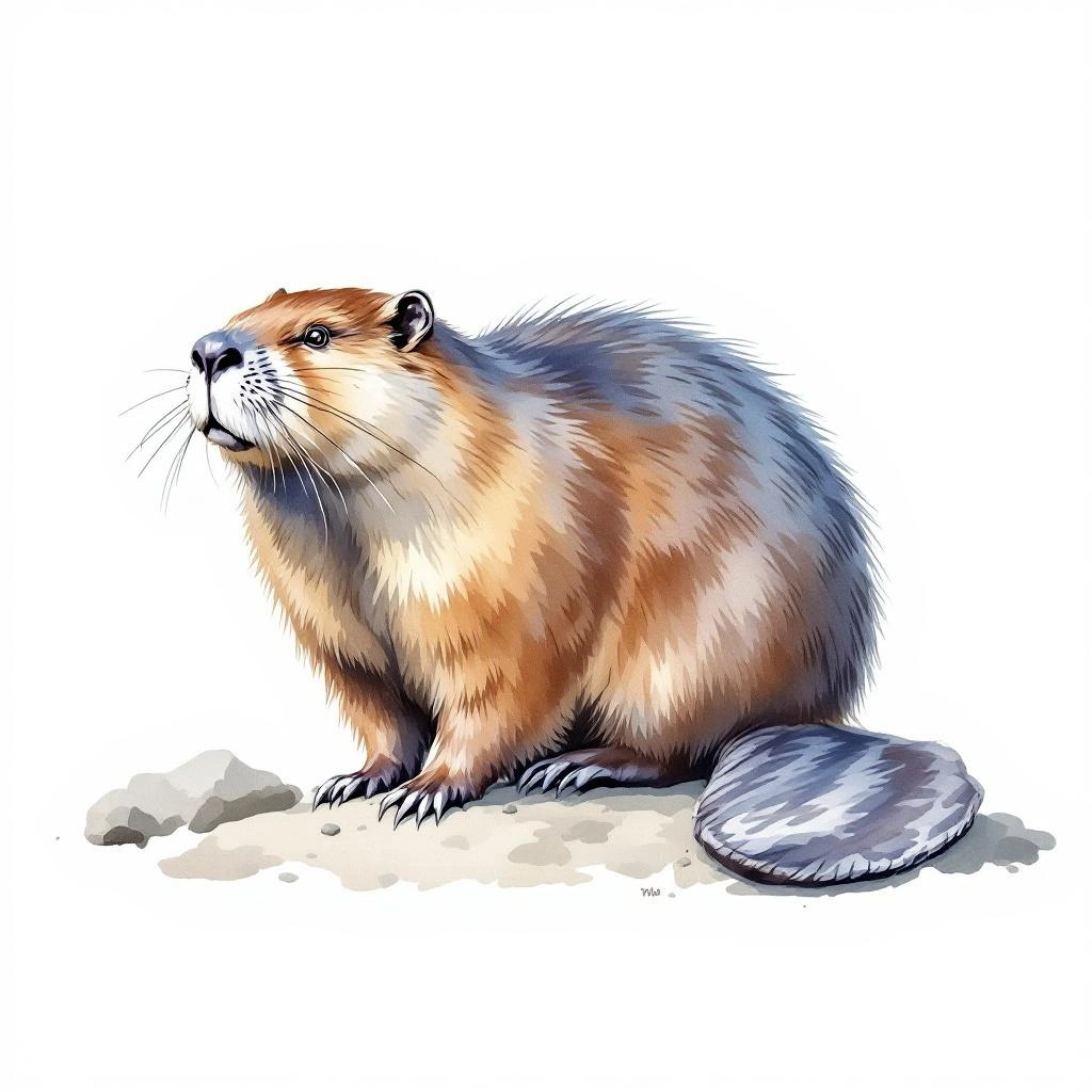 Watercolor illustration of Eurasian beaver (Castor fiber)