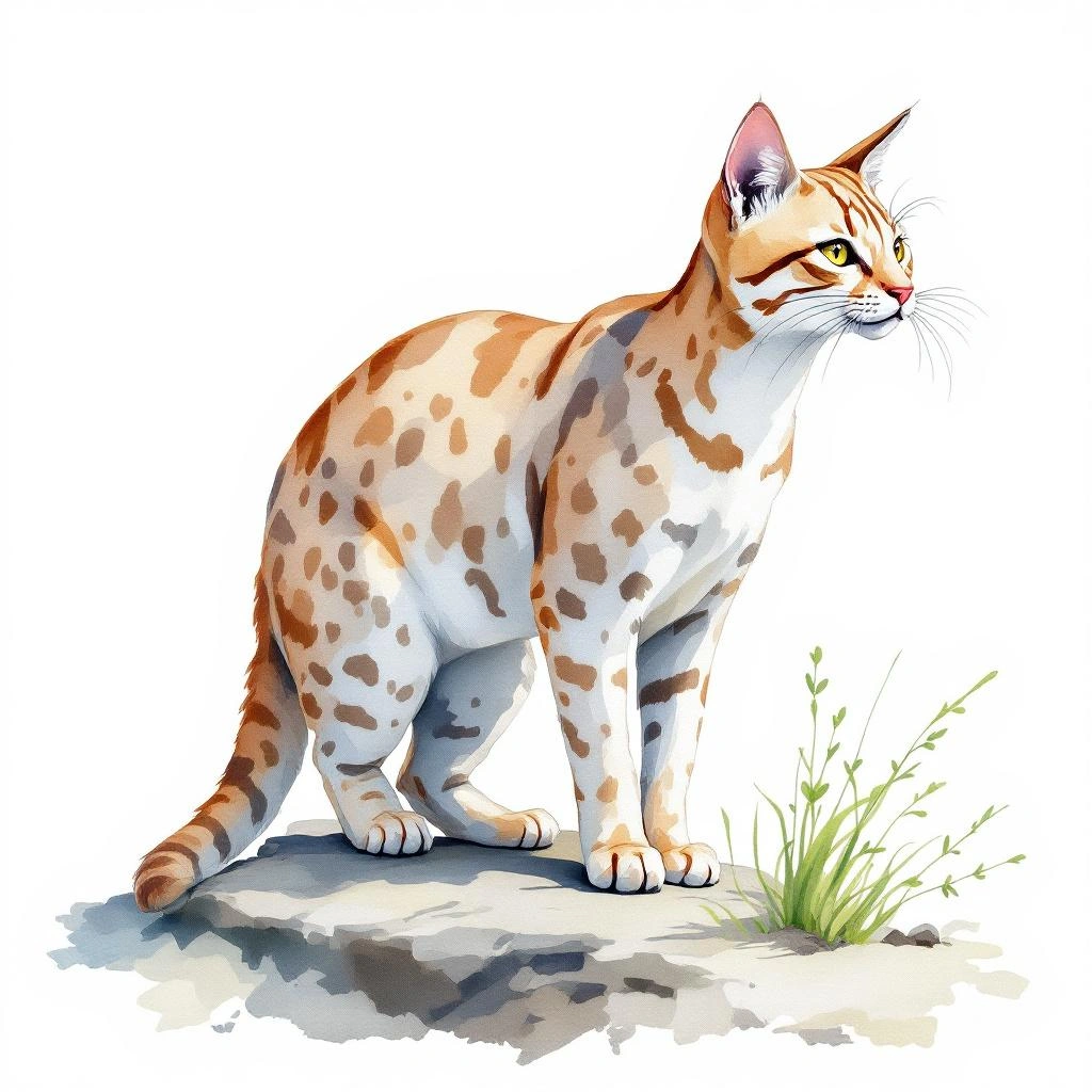 Watercolor illustration of Flat-headed cat (Prionailurus planiceps)