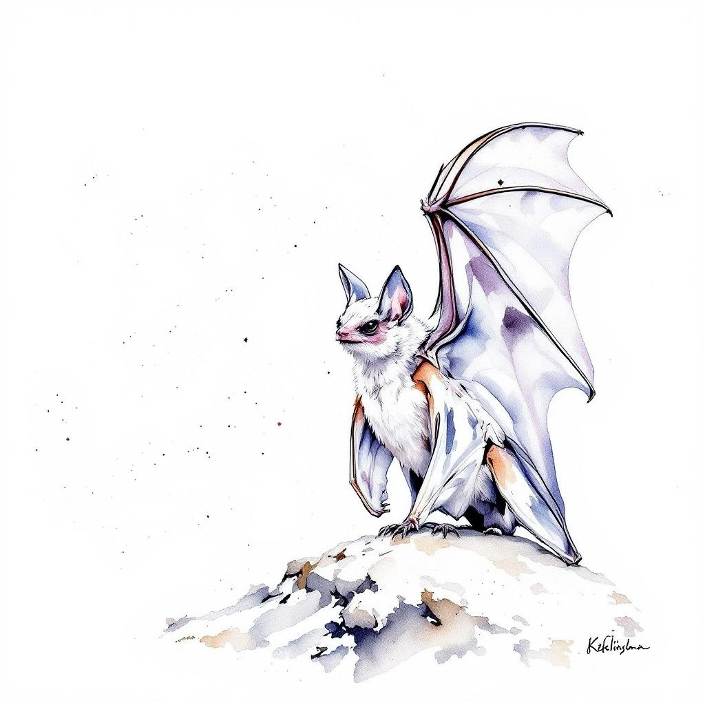 Watercolor illustration of Frosted Sac-winged Bat (Saccopteryx canescens)