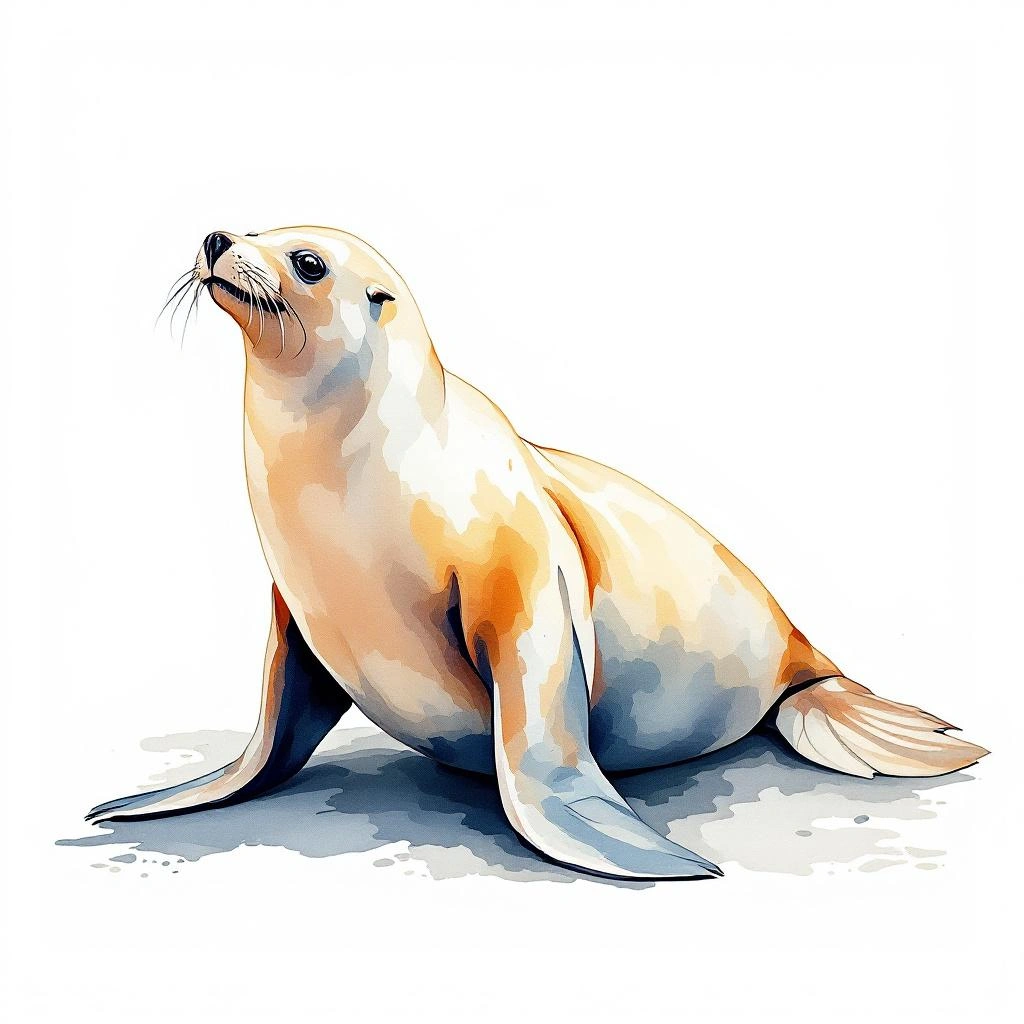 Watercolor illustration of Galápagos Seelöwe (Zalophus wollebaeki)