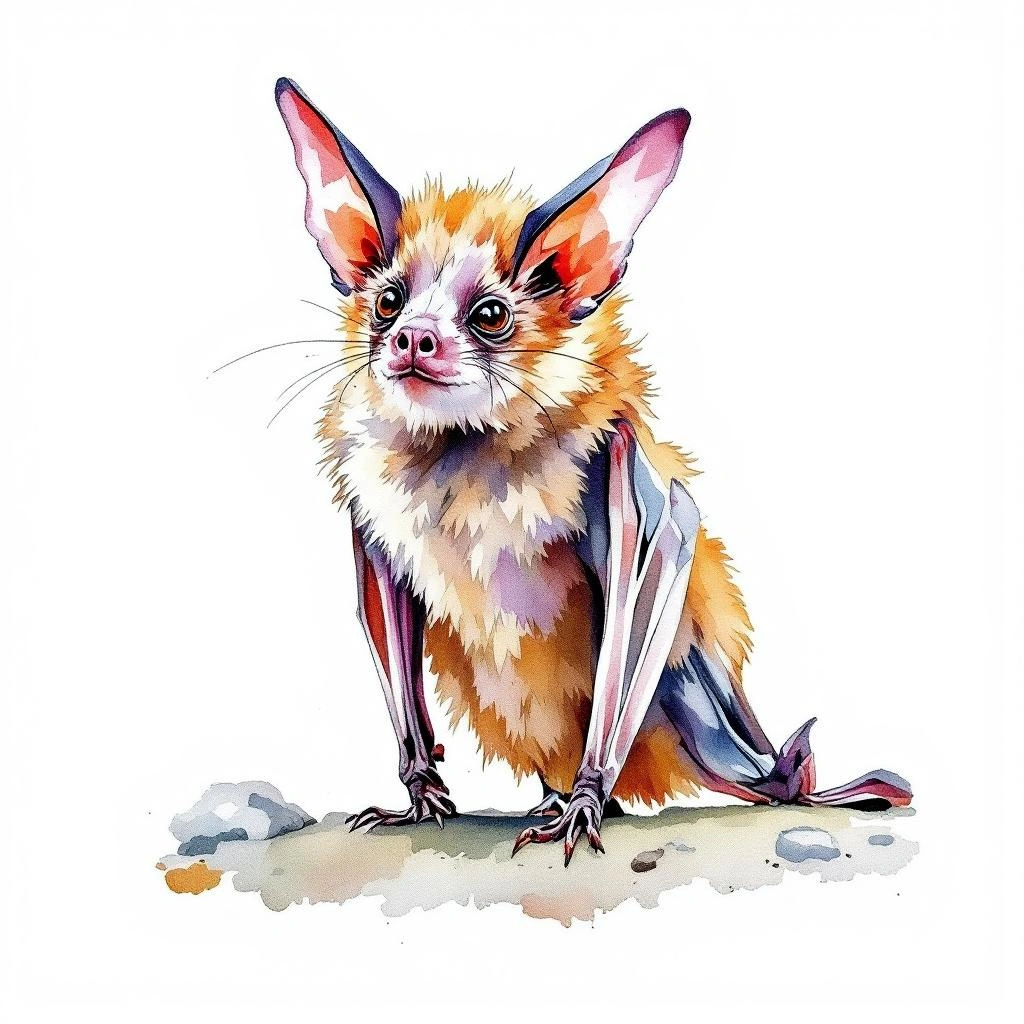 Watercolor illustration of vespertilion à oreilles échancrées, murin à oreilles échancrées (Myotis emarginatus)
