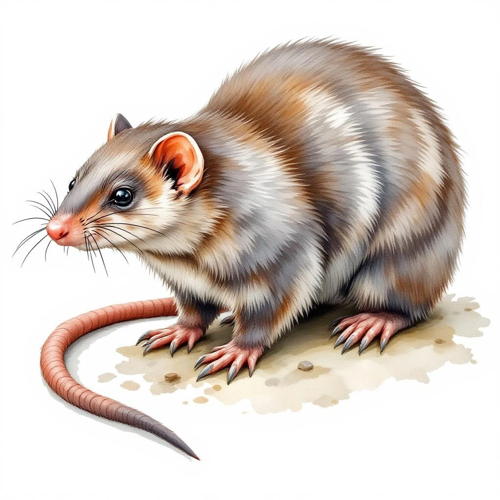 Watercolor illustration of grande musaraigne (Blarina brevicauda)