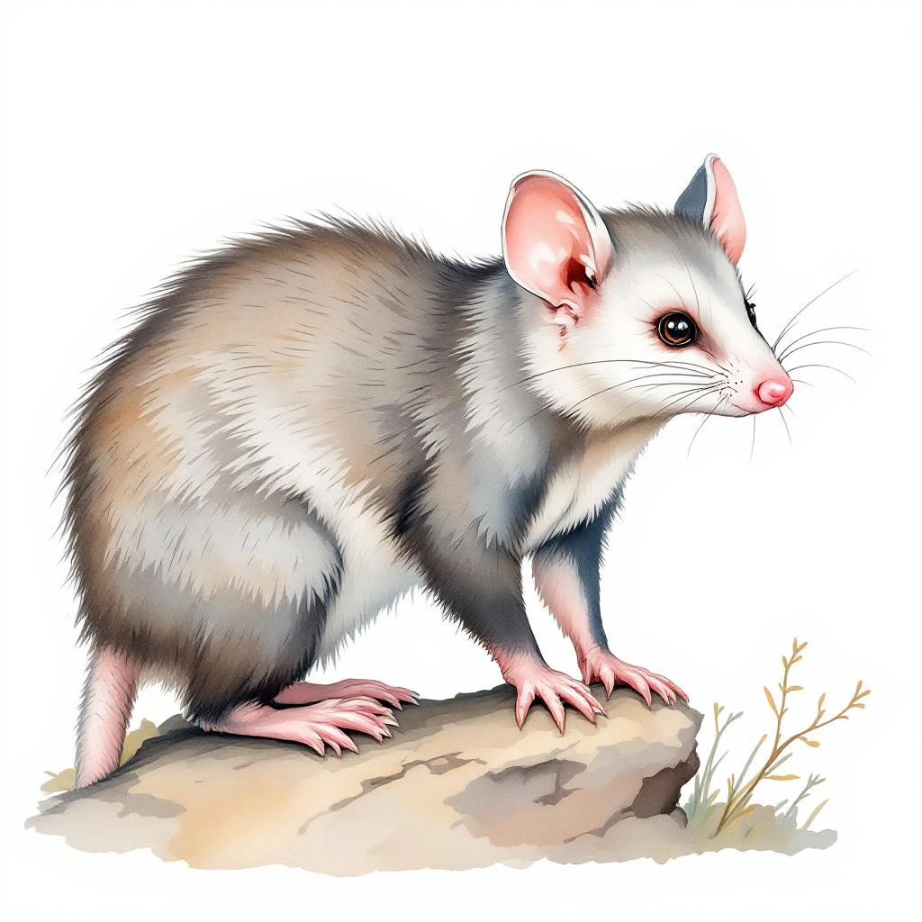 Watercolor illustration of Opossum-souris Cendré (Tlacuatzin canescens)