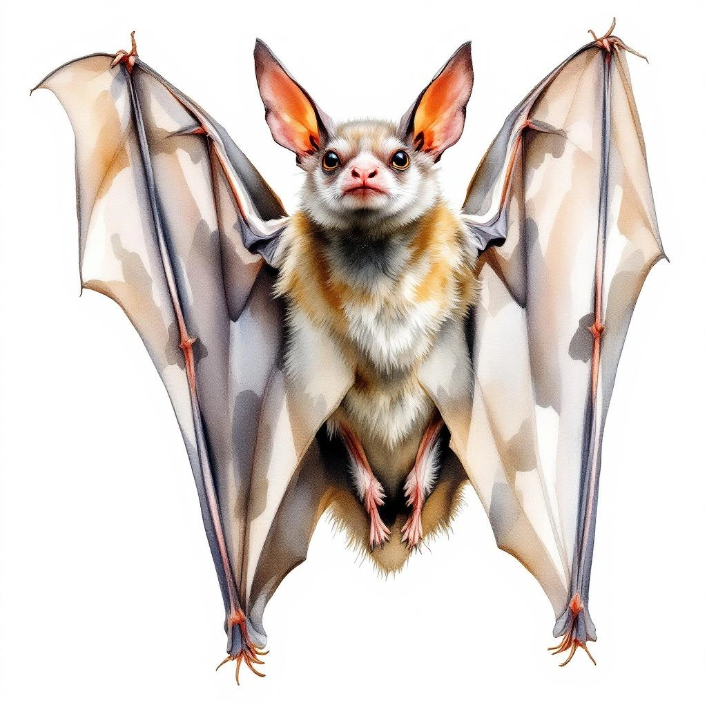 Watercolor illustration of Gray Sac-winged Bat (Balantiopteryx plicata)