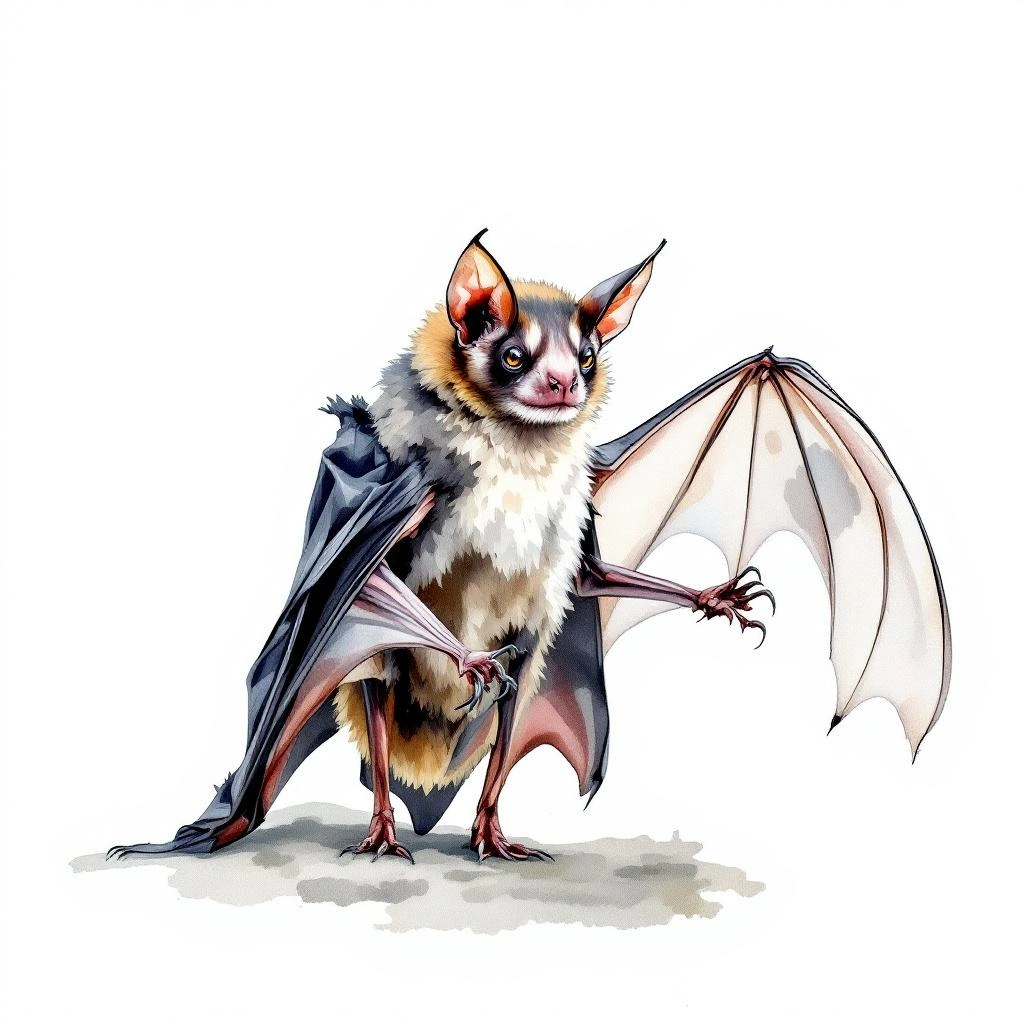Watercolor illustration of Great Stripe-faced Bat (Vampyrodes major)