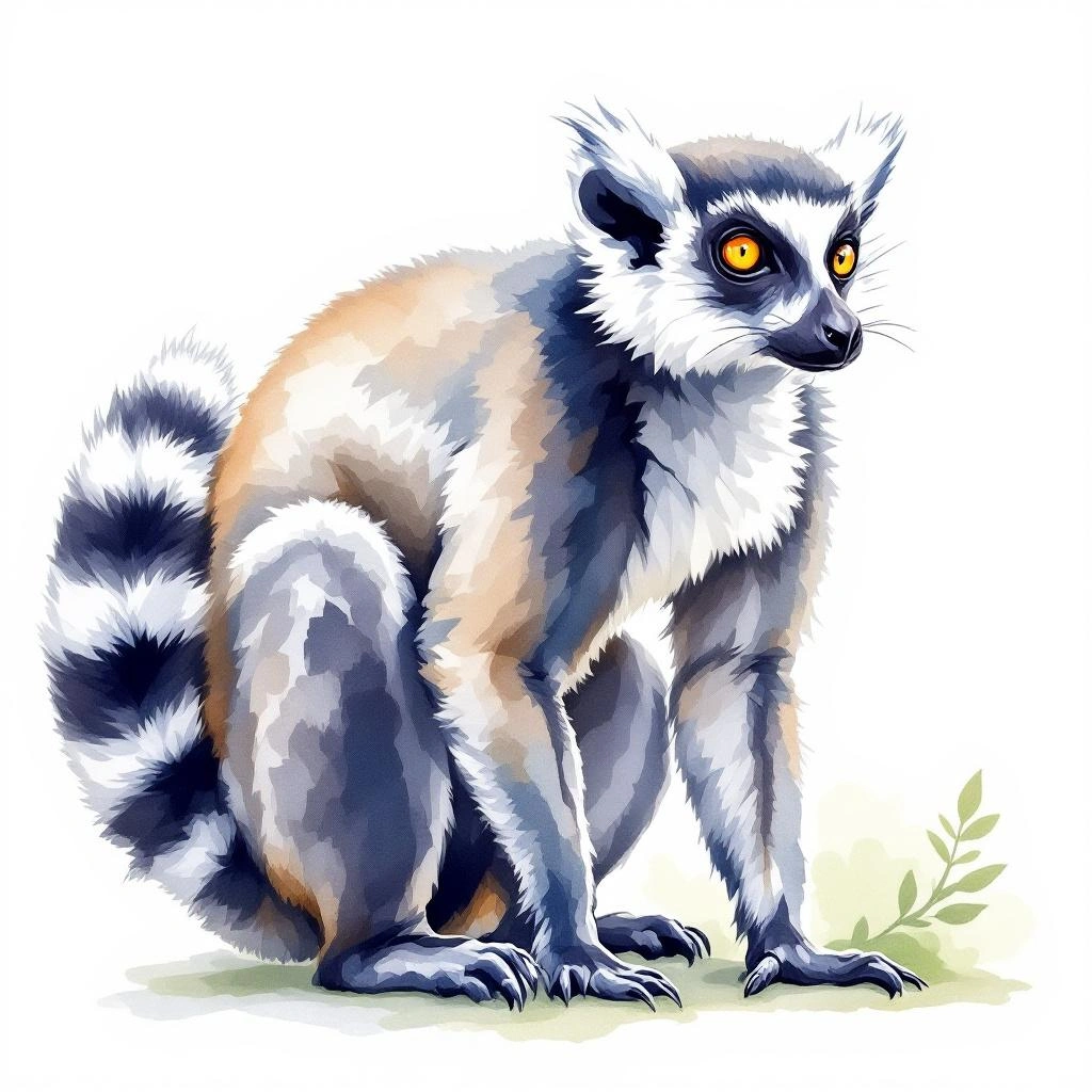 Watercolor illustration of Greater Bamboo Lemur (Prolemur simus)