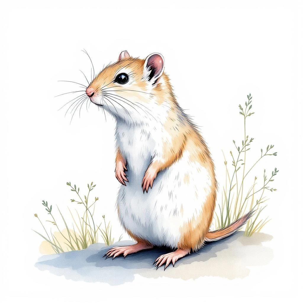 Watercolor illustration of Levante-Wühlmaus (Microtus guentheri)