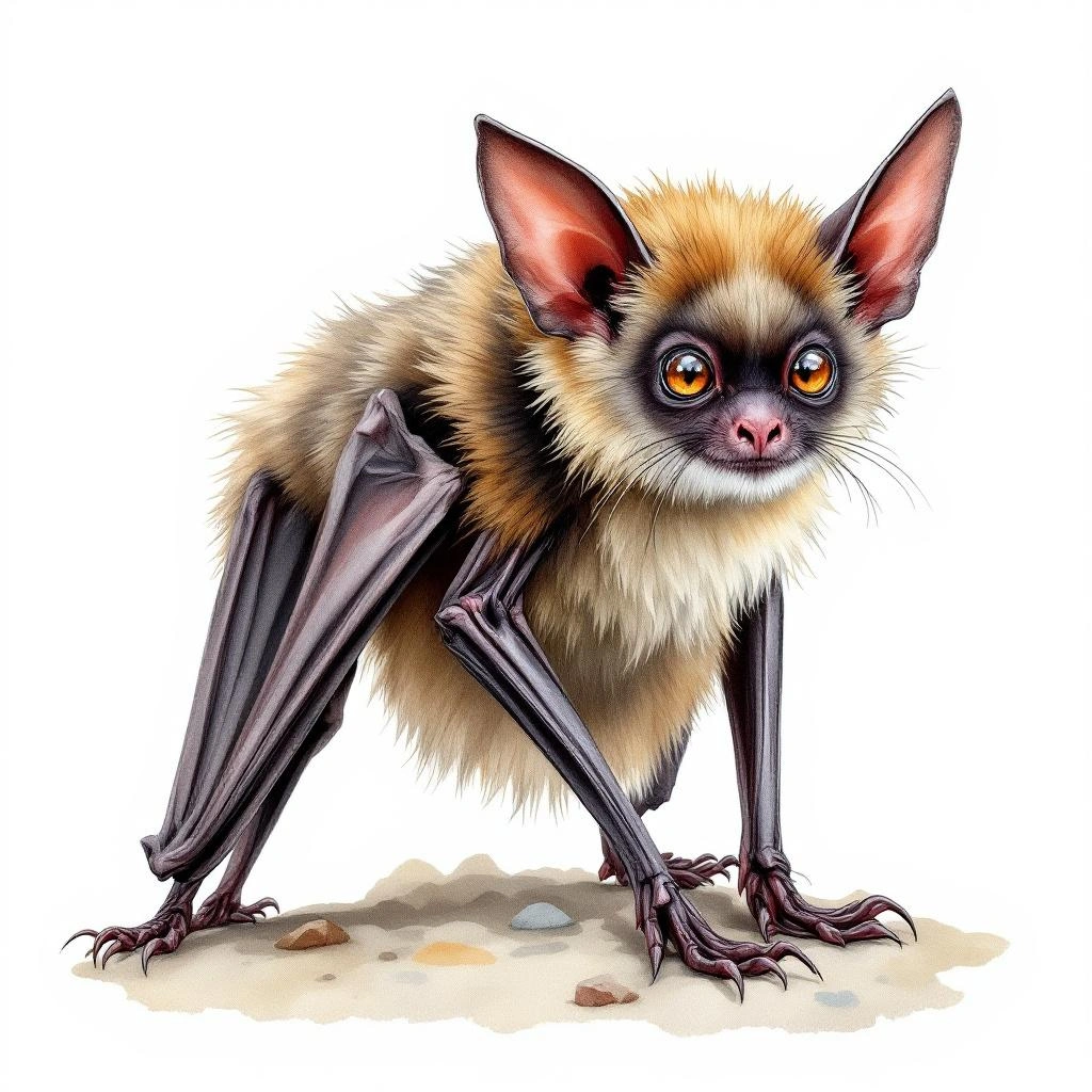 Watercolor illustration of Hairy-legged Vampire Bat (Diphylla ecaudata)