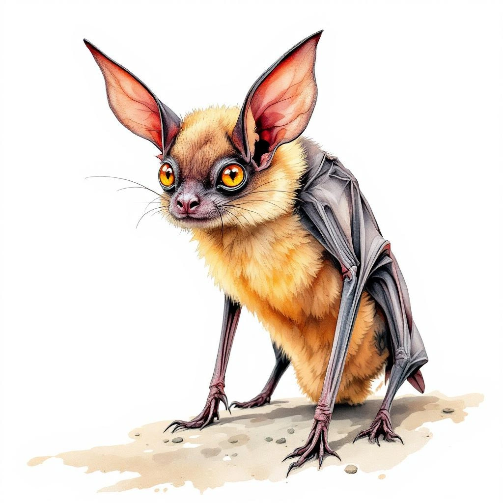 Watercolor illustration of Halmaheran Blossom Bat (Syconycteris carolinae)