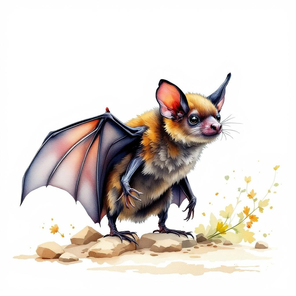Watercolor illustration of Herznasenfledermaus (Cardioderma cor)