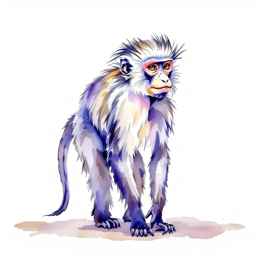 Watercolor illustration of Highland Mangabey (Rungwecebus kipunji)