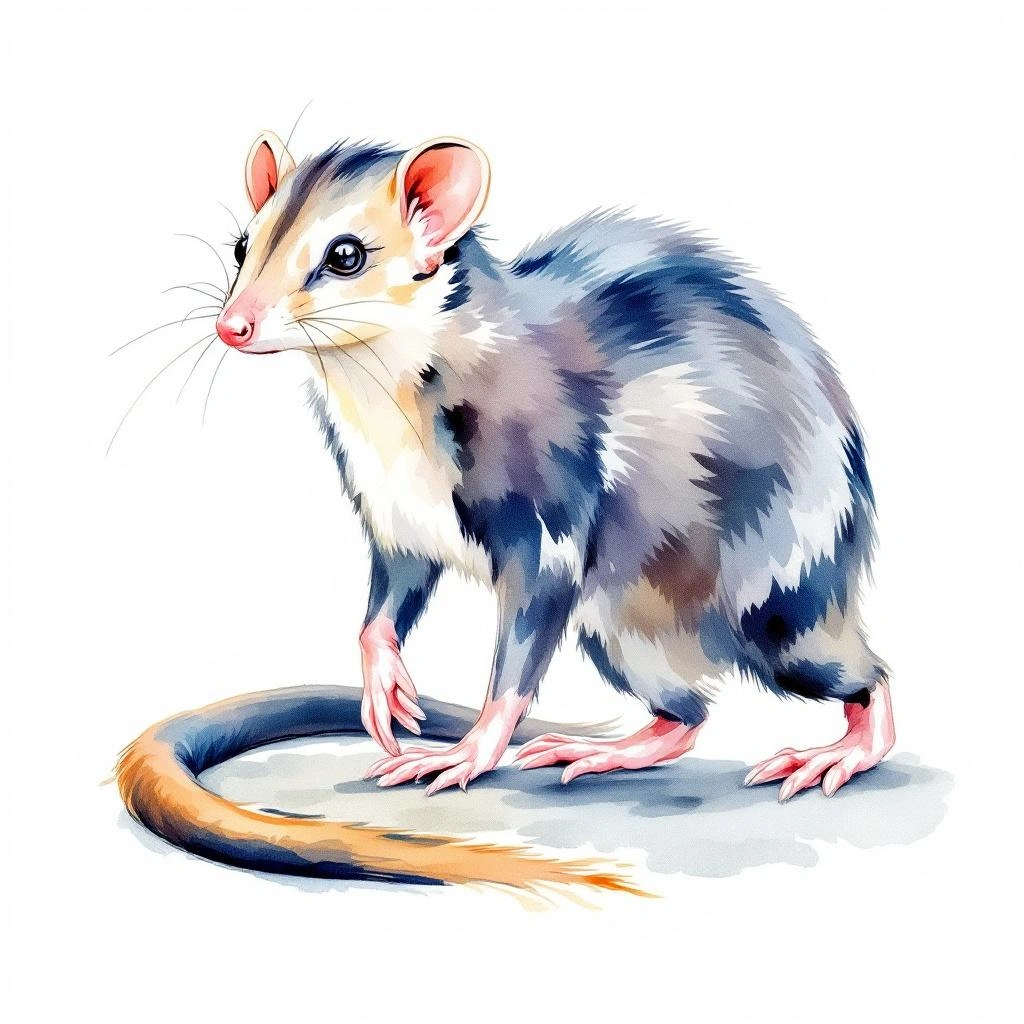 Watercolor illustration of Incan shrew opossum (Lestoros inca)