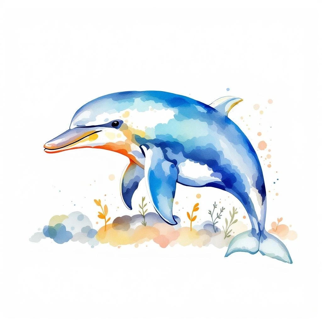 Watercolor illustration of Irrawaddy dolphin (Orcaella brevirostris)