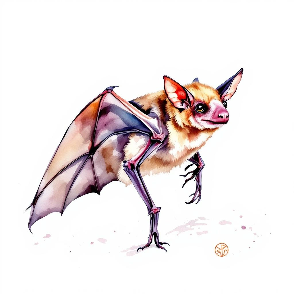 Watercolor illustration of Ismael's Broad-nosed Bat (Platyrrhinus ismaeli)