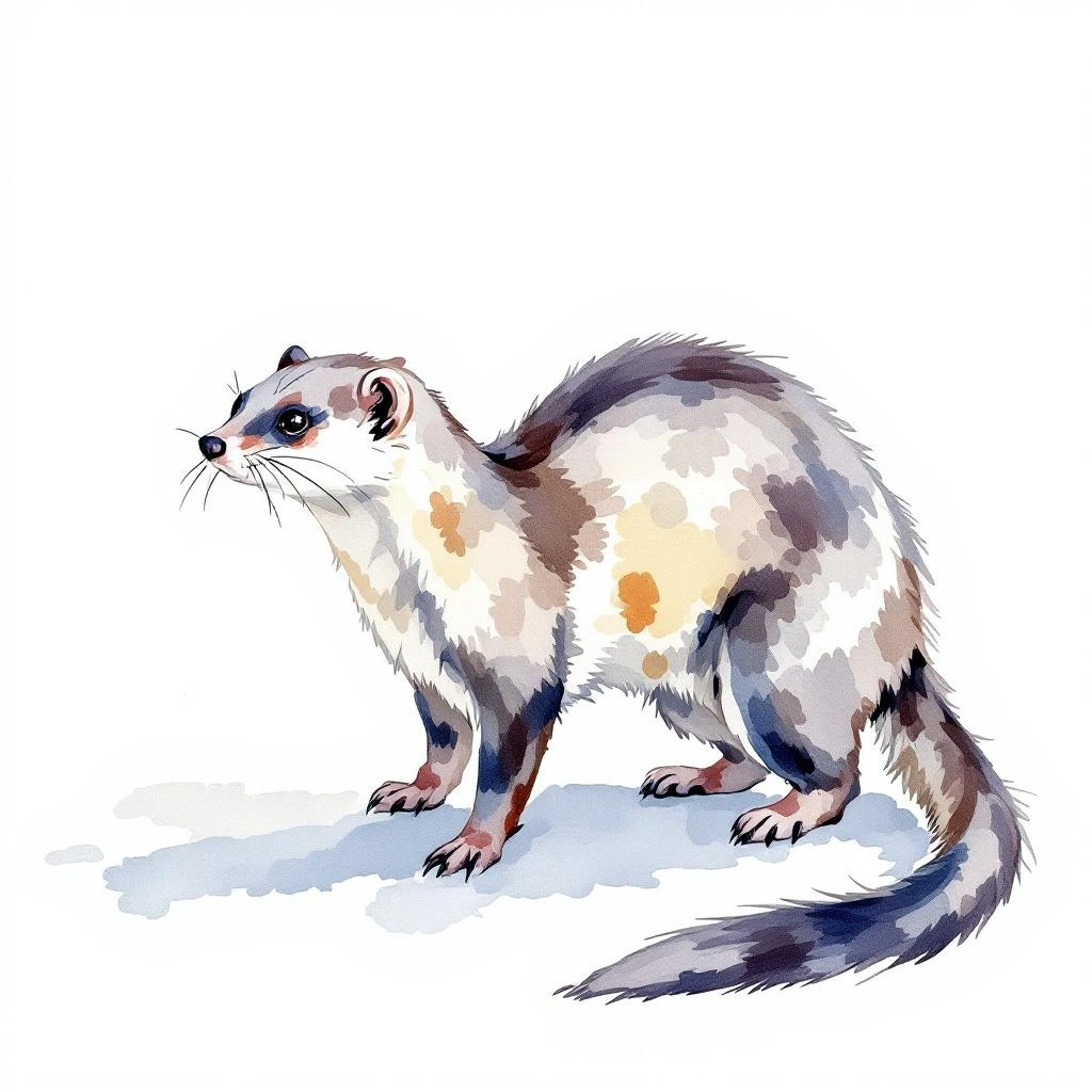 Watercolor illustration of Japanese Weasel (Mustela itatsi)